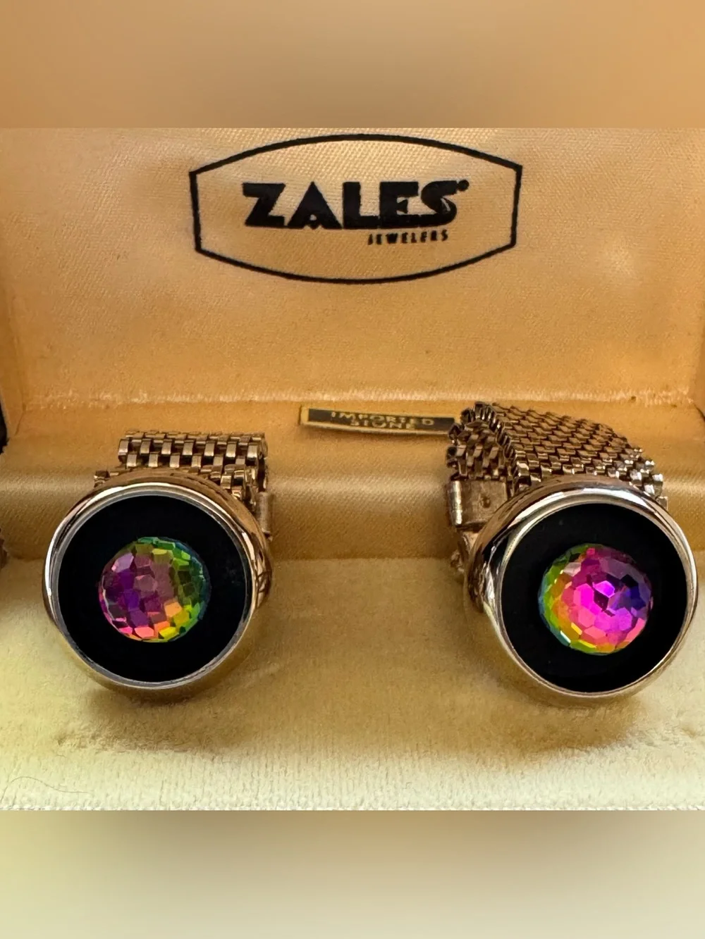 Gold Tone Mesh Cufflinks with Iridescent Prism Art glass Stones